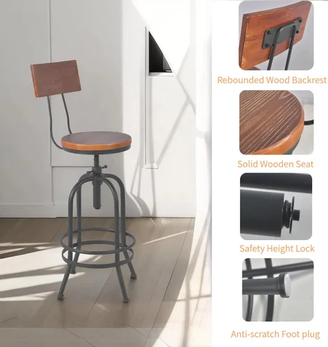 Miniatura 3 de Juego de 2 taburetes de bar industriales con respaldo, asiento giratorio de madera, barra de bar altura ajustable de 26 a 32.2 pulgadas, silla