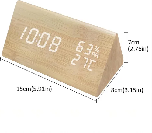 Miniatura 5 de Reloj despertador digital, LED electrónico de madera, pantalla de fecha de hora, detección de temperatura y humedad, 3 ajustes de alarma, brillo