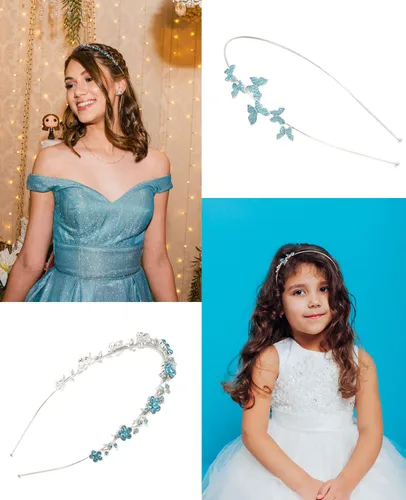 Miniatura 5 de Wecoe Paquete de 4 tocados nupciales de diamantes de imitación azul claro – Diademas de metal con hojas de mariposa de cristal para mujeres, niñas