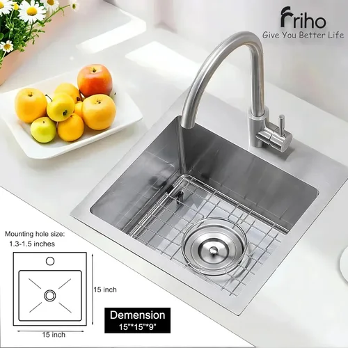 Miniatura 2 de Friho - Fregadero de barra de 15x15 pulgadas, fregadero de cocina pequeño de montaje superior, fregadero de 16 calibre hecho a mano de acero