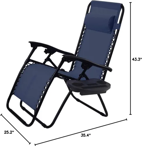 Miniatura 3 de Sillón de gravedad cero para exteriores con almohada y bandeja de utilidad, reclinable plegable para patio y playa (azul marino)
