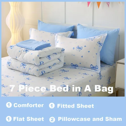 Miniatura 2 de Juego de ropa de cama con lazo para niñas, tamaño matrimonial, 7 piezas, color azul, Kawaii con lazo, cama en una bolsa para niños y adolescentes