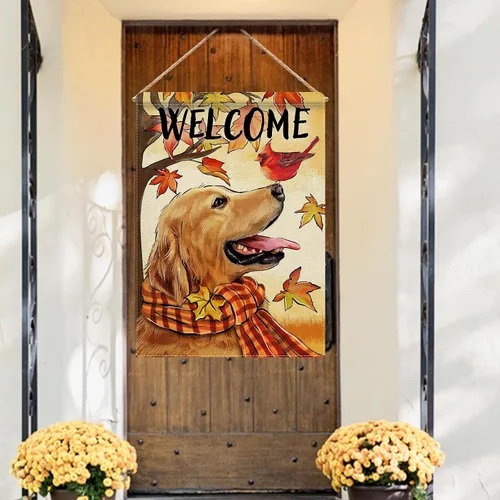 Miniatura 7 de Selmad Bandera decorativa de bienvenida con gato atigrado de invierno, diseño de pájaro rojo de Navidad, decoración exterior de arpillera grande