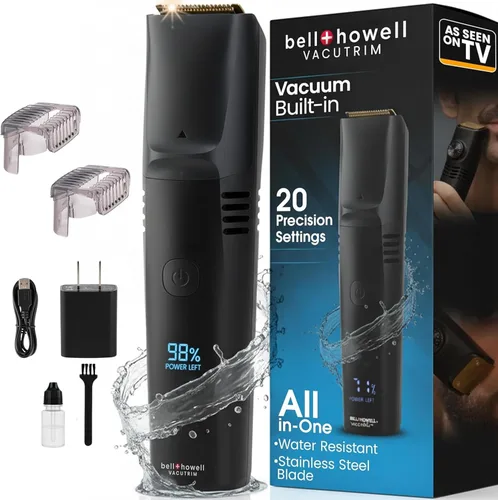 Bell+Howell Vacutrim - Cortadora de barba inalámbrica – Afeitadora eléctrica recargable con aspiradora integrada, 20 ajustes de recorte, indicador