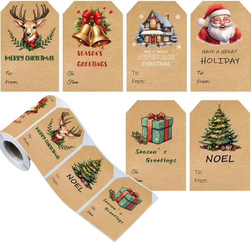 Etiquetas de regalo autoadhesivas, etiquetas de regalo de Navidad, calcomanías de Papá Noel, calcomanías decorativas de color Kraft, etiqueta para