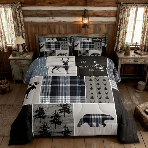 Miniatura 2 de Juego de edredón individual de aventura rústica para niños, juego de ropa de cama navideña de ciervos, osos y pinos para niños y adultos, decoración