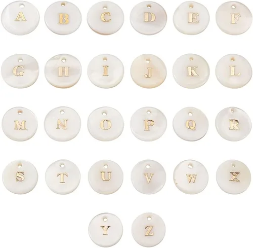 Miniatura 6 de Beadthoven - 104 dijes de letras del alfabeto de perlas de agua dulce naturales, redondos, dorados, redondos, del alfabeto A-Z, para bricolaje