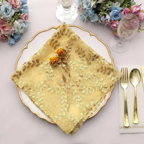 Miniatura 3 de Efavormart Servilletas de tela de cena con hojas de oro brillante y enredaderas bordadas con lentejuelas, servilletas decorativas transparentes