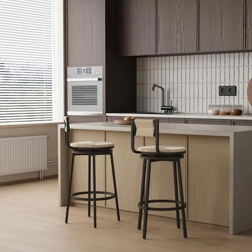 Miniatura 12 de Juego de 2 taburetes de bar modernos tapizados de piel sintética sin brazos con respaldo para bar en casa, comedor, isla de cocina, bistró, club