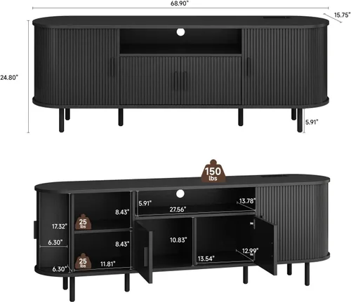 Miniatura 2 de ONBRILL Soporte de TV acanalado de 69 pulgadas con toma de corriente para televisores de hasta 80 pulgadas, centro de entretenimiento