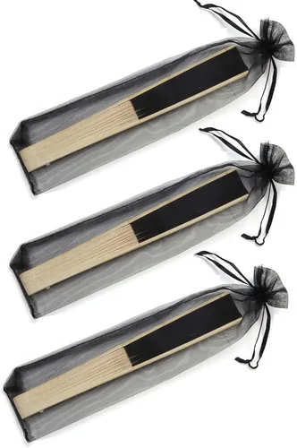 Miniatura 4 de 50 piezas de abanico de mano de papel con bolsas de organza, abanico plegable de bambú de mano, para DIY, decoración, regalos de boda y fiesta Negro