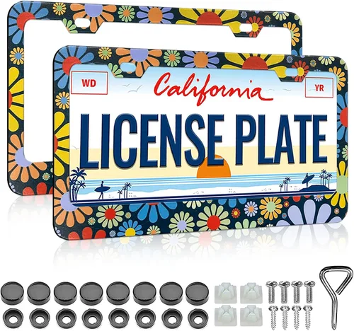 Miniatura 9 de LIN KANG Lindo marco de matrícula hippie – Paquete de 2 marcos de matrícula para mujer, marcos de placa de automóvil hippie, soporte de marcos