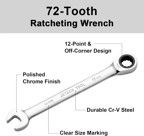Miniatura 2 de Jetech - Llave combinada con carraca de 12 mm, llave de engranajes de grado industrial con trinquete de 12 puntas y 72 dientes, acero Cr-V forjado