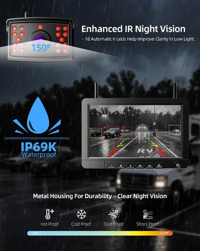 Miniatura 5 de Cámara de respaldo inalámbrica solar magnética Plug and Play 7 pulgadas 1080P HD DVR IPS, visión nocturna IR, instalación solar impermeable IP69