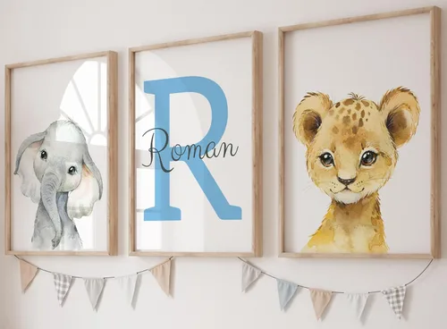 Juego de 3 carteles personalizados de animales de safari para habitación de niños y niñas, sin marco, nombre personalizado, azul, verde, amarillo,
