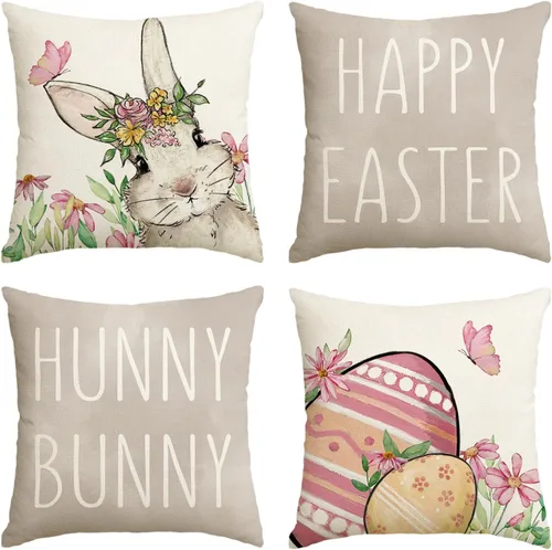 Miniatura 10 de AVOIN colorlife Juego de 4 fundas de almohada verdes de conejo de Pascua feliz de Pascua, 16 x 16 pulgadas, diseño de conejito de Pascua para sofá