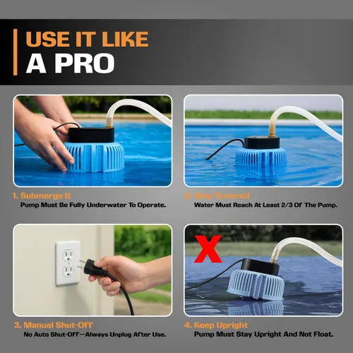 Miniatura 5 de EDOU Bomba sumergible directa para cubierta de piscina Fiable 850 GPH Max Flow 75 W Incluye manguera de drenaje a prueba de torceduras de 16 pies