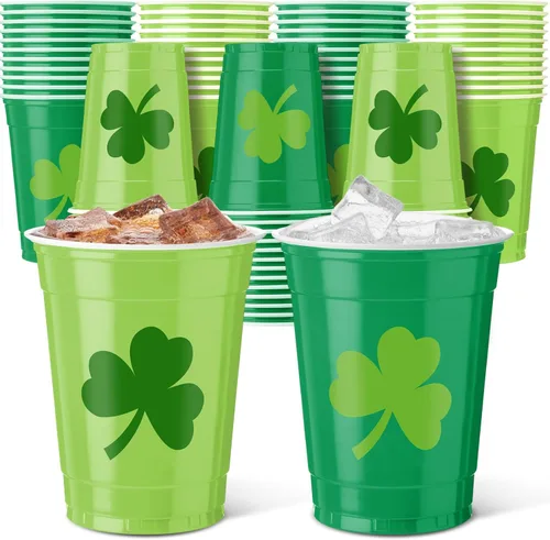 Vesici 100 vasos de plástico desechables de 12 onzas para el día de San Patricio, tazas de tréboles verdes, suministros de fiesta del día de San