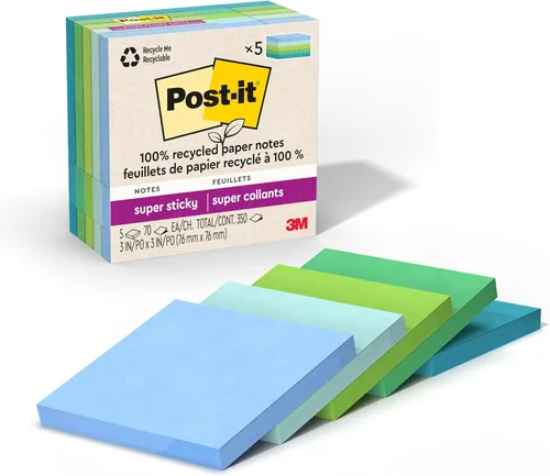 Miniatura 15 de Post-it Notas súper adhesivas de papel 100% reciclado, amarillo canario, 3 pulgadas x 3 pulgadas, 5 blocs de notas adhesivas, 70 hojas por bloc