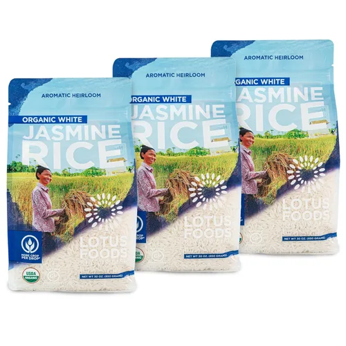 Lotus Foods Arroz orgánico de jazmín blanco, arroz jazmín, arroz blanco sin gluten, arroz orgánico, arroz adhesivo asiático de grano largo, orgánico