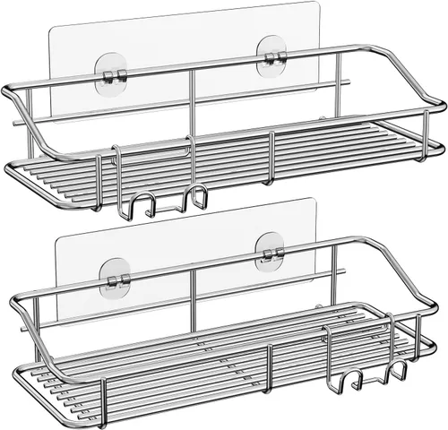 Nieifi - Estante adhesivo para ducha con estantes de almacenamiento sin perforación de acero inoxidable con ganchos para baño, lavabo, aseo,