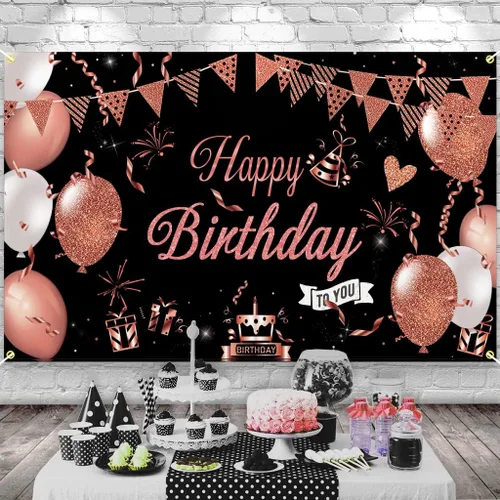 Miniatura 4 de Cartel de feliz cumpleaños negro y oro rosa, decoración de fondo de feliz cumpleaños para mujeres y niñas
