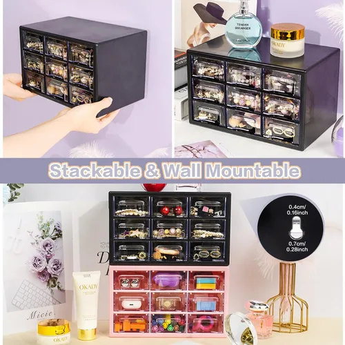 Miniatura 5 de Organizador de almacenamiento de escritorio con 9 cajones, gabinete apilable de escritorio para manualidades, caja de almacenamiento transparente