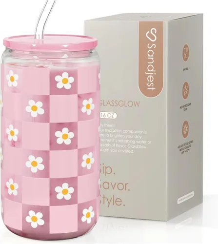 SANDJEST Vaso de Vidrio con Margaritas en Patrón de Tablero de Ajedrez, Taza Floral a Cuadros con Tapa y Pajita, Tazas Estéticas de Café Helado,
