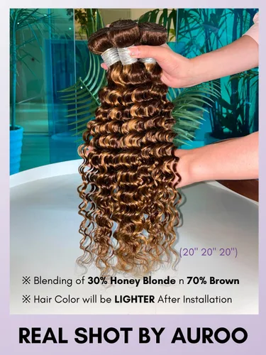 Miniatura 4 de P4/27 Cabello Humano Solitario de Onda Profunda con Reflejos Rubios Miel, 12A 100% Tejido Brasileño Virgen Ondulado Grueso con Mechas Ombre Marrón