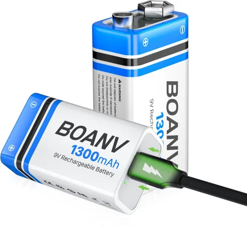 2 baterías recargables de 1300 mAh 9 V, batería recargable de litio USB de larga duración con cable de carga 2 en 1, para detectores de humo,