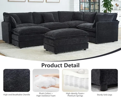 Miniatura 7 de Sofá seccional modular en forma de U, sofá esquinero de chenilla de gran tamaño, cómodo sofá nube con otomana chaise, sofás seccionales modernos
