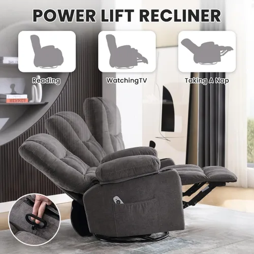 Miniatura 5 de Silla reclinable giratoria con funciones de masaje por vibración y calefacción para adultos, sofá individual reclinable de gran tamaño con bolsillo