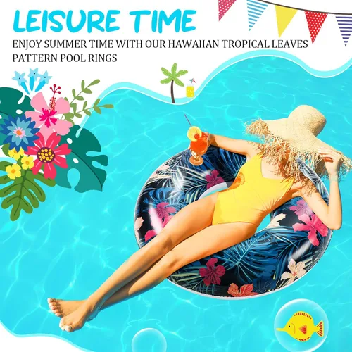 Miniatura 4 de Poen Flotadores grandes de piscina de 32 pulgadas con hojas tropicales, tubos inflables para piscina, anillos de piscina para adultos, suministros