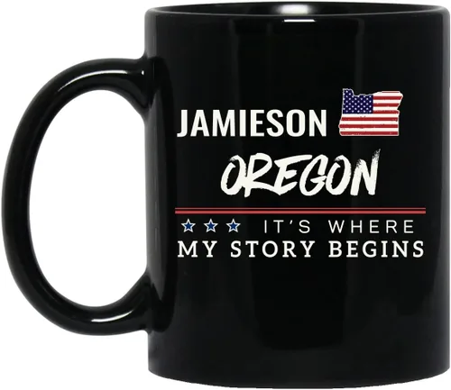 Taza de café Jamieson Oregon con la bandera americana, taza de café con texto en inglés "It's Where My Story Begins", regalo patriótico, Día de la
