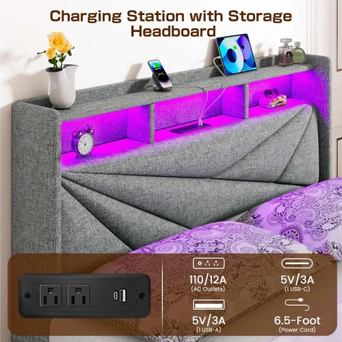 Miniatura 4 de Driftalia Marco de cama LED de tamaño completo con 4 cajones de almacenamiento, marco de cama de tamaño completo tapizado con cabecera de 2 niveles