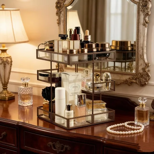 Miniatura 3 de Organizador de maquillaje de vidrio giratorio 360, almacenamiento de cosméticos giratorio con compartimentos multicapa, soporte de maquillaje Latón