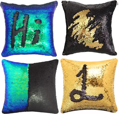 Miniatura 27 de MOCOFO Fundas de almohada decorativas de lentejuelas mágicas reversibles 16x16-2 de plata a oro + 2 de oro a negro de ante premium para habitación 4
