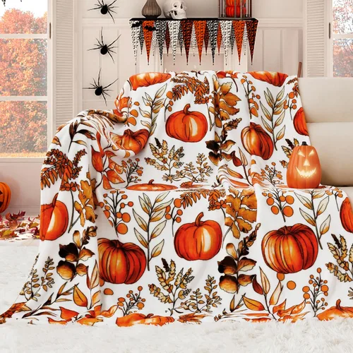 Miniatura 2 de ROMROL Manta de Halloween, manta de otoño, mullida, acogedora, suave, hojas de calabaza, manta de franela de felpa de forro polar, decoración