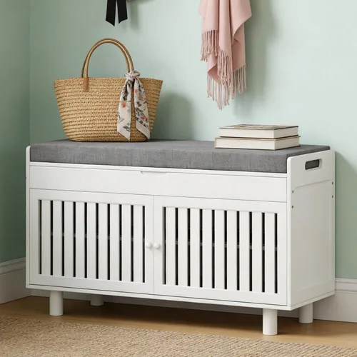 Miniatura 11 de Banco de almacenamiento de zapatos, banco de entrada de bambú con 2 puertas y cojín de asiento acolchado, 35.4" An x 12.6" Pr x 19.7" Al, zapatero