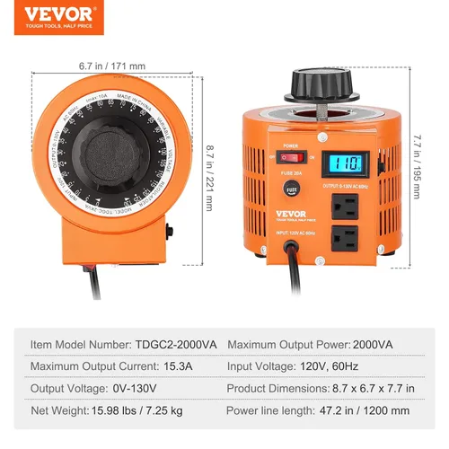 Miniatura 7 de VEVOR Transformador de voltaje variable automático 2000VA, 15.3 amperios, entrada de 110 V, 0-130 V, regulador de voltaje de CA, con pantalla LCD, 4