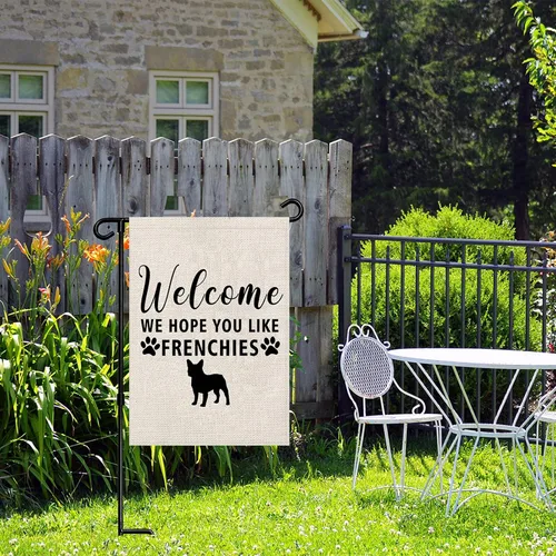 Miniatura 5 de PWHAOO Bandera de jardín de Frenchie Bandera de bulldog francés, bandera de bienvenida con texto en inglés "Welcome We Hope You Like Frenchies F