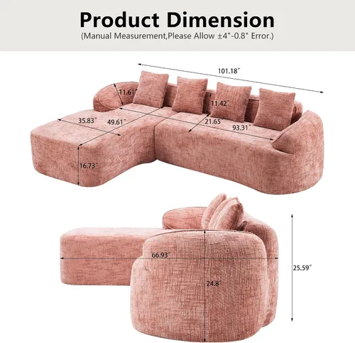 Miniatura 2 de Sofá Sillones de tela de felpilla de 101 pulgadas, sofá para sala con esponja de alta elasticidad, sofás para sala con diseño en forma de L para Rosa