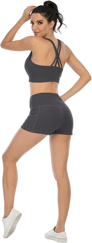 Miniatura 5 de CHRLEISURE Paquete de 4 pantalones cortos de yoga de elastano con bolsillos para mujer, pantalones cortos de entrenamiento de cintura alta