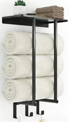 Miniatura 10 de Toalleros para baño, toallero con estante y 3 ganchos, soportes de almacenamiento de toallas de pared para toallas de baño enrolladas, color negro