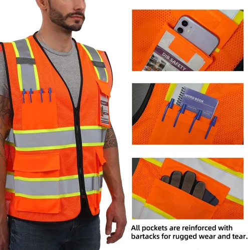 Miniatura 3 de Dib Safety - Chaleco reflectante de malla de alta visibilidad de dos tonos con bolsillos y cremallera, conforme a la clase 2 ANSI, malla naranja