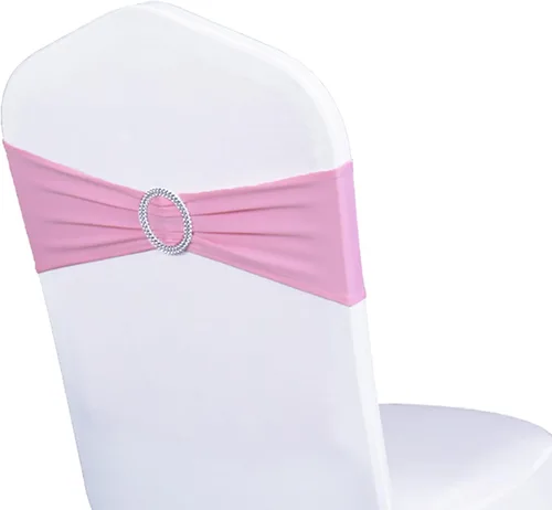 Miniatura 24 de Paquete de 50 bandas elásticas para sillas de bebé azul para boda, bandas elásticas de licra con hebilla deslizante, arcos de sillas de spandex