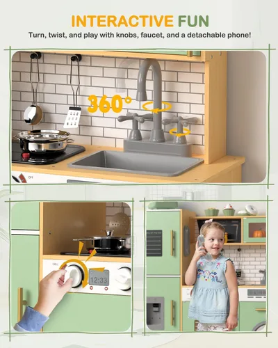 Miniatura 5 de Babytronic Juego de cocina de madera para niños, cocina de juego interactiva con luces y sonidos, juego de cocina de juguete para niños con grifo