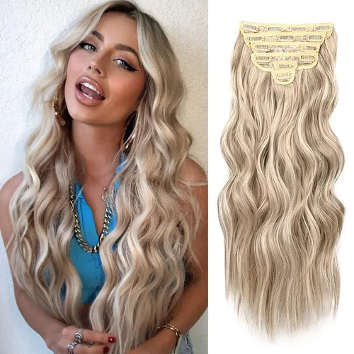 Miniatura 16 de NAYOO Extensiones de cabello con clip, de 20 pulgadas, largo, ondulado, rizado, rubio ceniza, extensiones de cabello sintético de cabeza completa