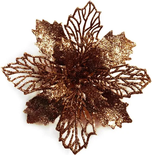 Miniatura 16 de Paquete de 12 flores de Pascua artificiales con purpurina para corona de Navidad, adornos de flores para árbol de Navidad, 6'' (16cm) de diámetro