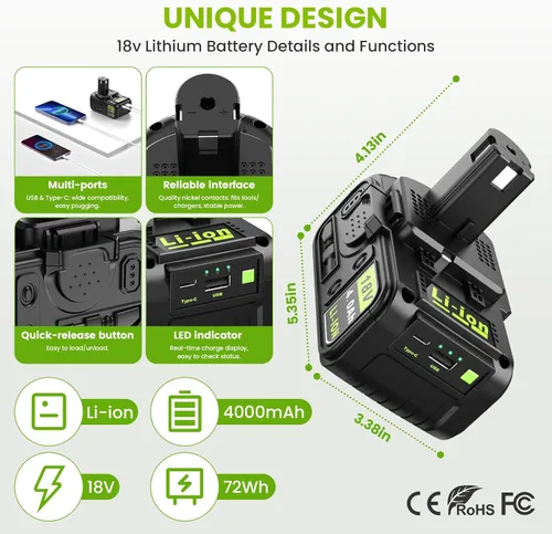Miniatura 3 de 18V 4.0Ah Batería de repuesto con USB y cargador Combo para cargador de batería Ryobi, Compatible con sistema Ryobi 18 voltios de iones de litio
